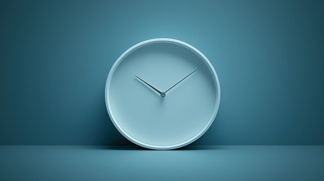 Minimalist clock on blue wall, time management concept.