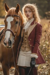 Young caucasian female with horse in elegant equestrian attire in nature