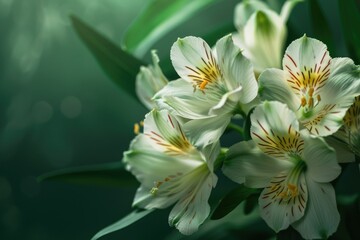 Fototapeta premium Floral green background. Alstroemeria flowers close up. Nature.