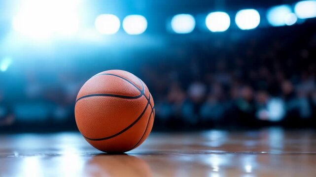Basketball on wooden court with blue bokeh lights. Sports competition content
