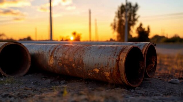 Rusty pipes laying on ground with industrial chimneys silhouettes during sunset. Industrial decline news content