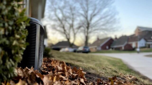 Modern air conditioner unit near brick wall with autumn leaves. Home maintenance
