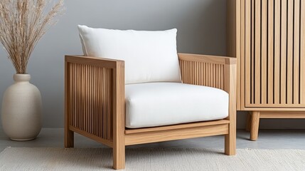 A wooden armchair with woven cushions stands in a serene Scandinavian living room next to a chest of drawers and a decorative plant