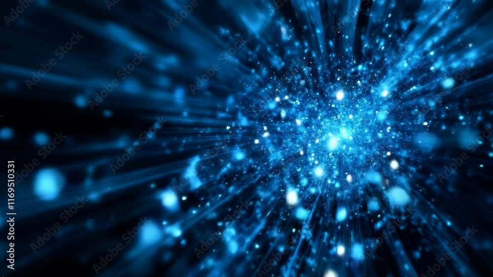 Canvas Prints blue glowing particles explosion with light rays against dark background. technology and innovation 