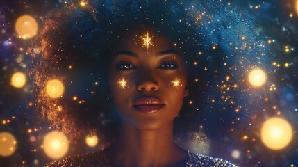 National Black Girl Magic Day Enchanting golden starry night portrait with radiant celestial lights