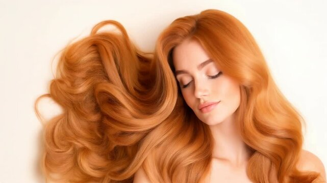Woman with ginger wavy hair and nude makeup on white background. Beauty salon content