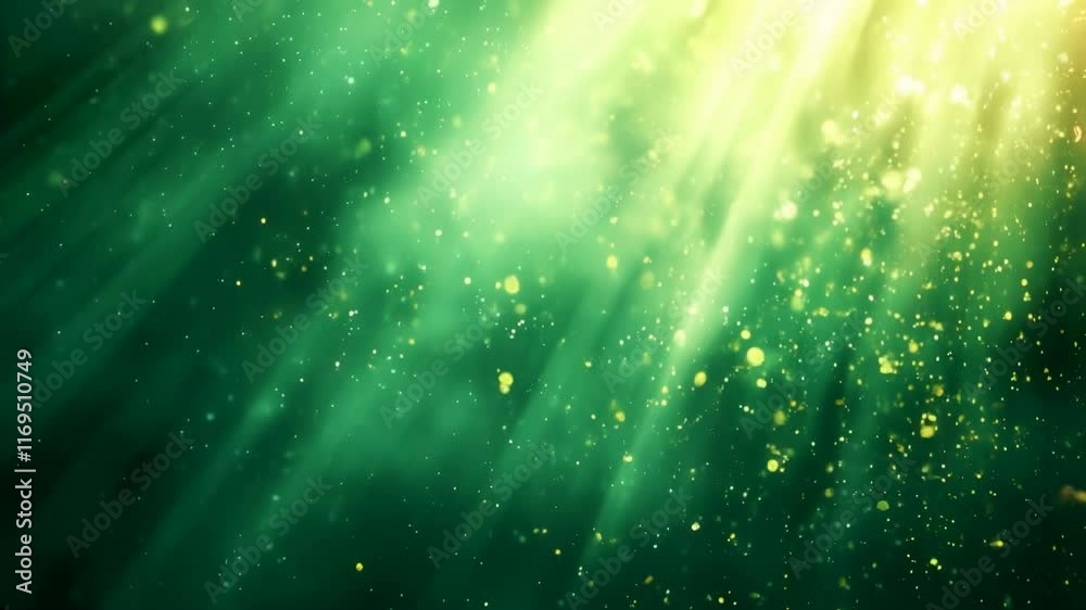 Wall mural green rays with golden particles and bokeh effect. nature abstract content