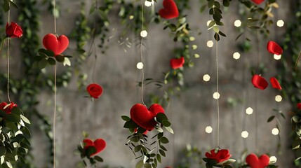   Red roses on a string, lit background, green foreground