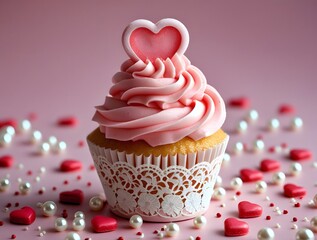 cupcake with pink frosting and sprinkles, valentine day