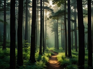 Obraz premium morning in the forest,Illustration of a forest with very tall trees