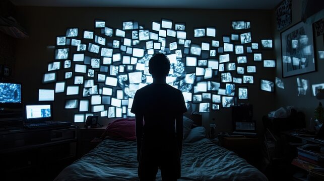 Young male silhouette against wall of screens in dark room