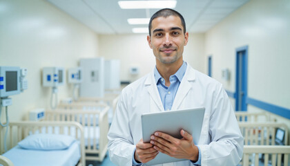 Fototapeta premium Young doctor with tablet in pediatric ward