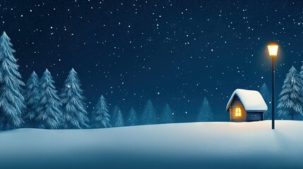 Fototapeta premium Snowy cabin under starry sky with streetlights in distance