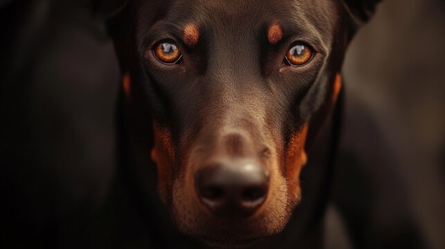 Close-up portrait of a doberman dog with intense gaze