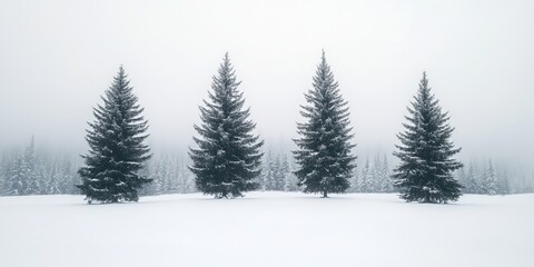 Four Snow Covered Pine Trees In Winter Landscape