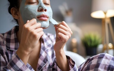 Face mask beauty treatment in salon relaxing. A woman with facemask in spa with pajama.