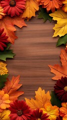 Vibrant autumn leaves and flowers create a stunning border around a rich brown wooden background. Perfect for fall-themed designs!