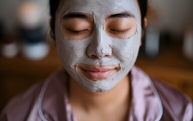 Face mask beauty treatment in salon relaxing. A woman with facemask in spa with pajama.