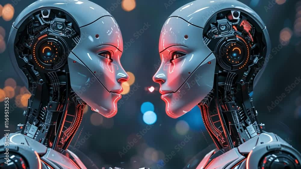 Fototapete two humanoid robots face each other, their features illuminated by soft, colorful lights that create