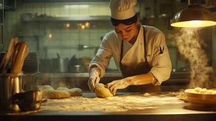 Female chef kneads dough in a professional kitchen.