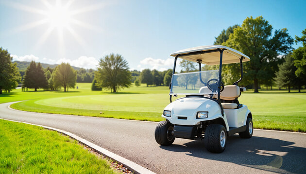 Golf cart parked on sunny golf course