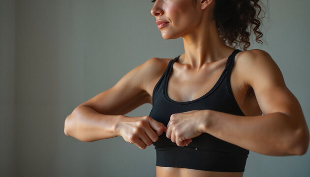 Fototapeta Woman adjusting athletic wear in minimalist indoor setting