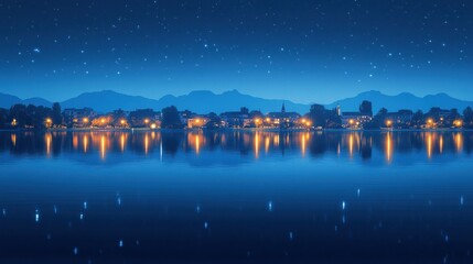 Night cityscape reflected in calm lake water under starry sky.