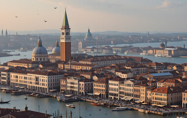 Naklejka premium Beautiful view of Venice, Italy with Campanile tower of Saint Mark's Cathedral, Basilica on San Marco square and Doges' Palace. Italian buildings cityscape. Famous romantic city on water 