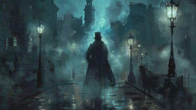 Victorian London Mystery: Jack the Ripper in Foggy Streets for Historical Artwork