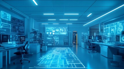 Futuristic Tech Lab with Smart Surface and Schematics