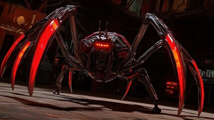 Obraz premium Cyberpunk Spider Mech: Red Glow in Dark Alley
