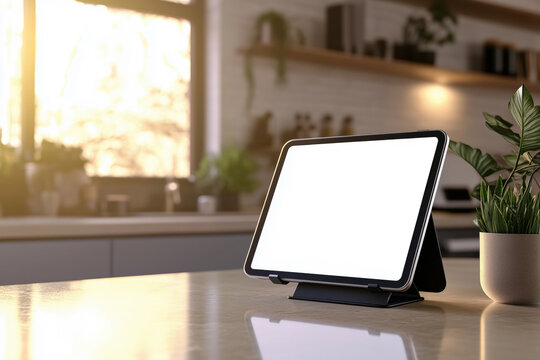 A tablet on a stand in a smart home with white blank template screen placed on the tabletop in a modern minimalist kitchen - Powered by Adobe