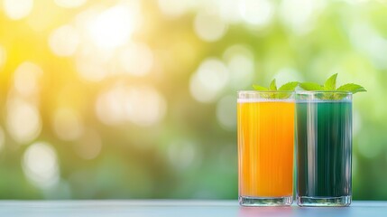 Fototapeta premium Two glasses of juice with green and red leaves