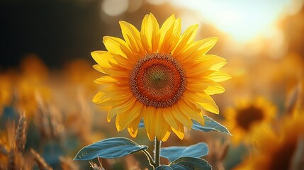 Fototapeta premium A sunflower stands out in a sea of sunflowers, bathed in golden light from behind and above