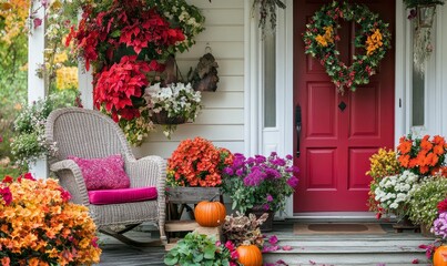 Fototapeta premium Autumnal porch dÃ©cor: wicker chair, pumpkins, flowers, wreath.