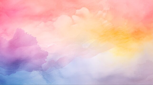 Colorful Watercolor Background. Abstract Sunset Sky with Puffy Clouds in Pastel Rainbow Colors of Pink, Blue, Yellow, Orange and Purple