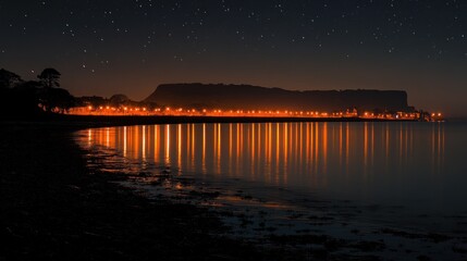 Fototapeta premium Night cityscape reflected in calm water under starry sky. (1)