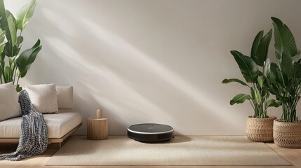 Robot vacuum operates on soft carpet while surrounded by a stylish sofa and indoor plants in a contemporary living room setup