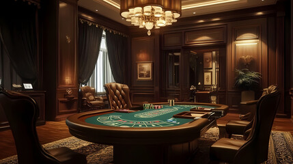 Sophisticated classic game room with elegant wooden poker table traditional lighting and refined decor for a gentlemanly leisure experience. Nightspire. Illustration