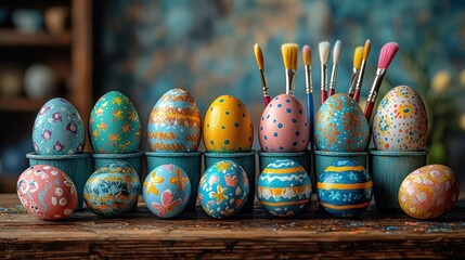 A DIY Easter egg painting station with colorful paint pots, brushes, and various painted eggs on a wooden table in a creative setting