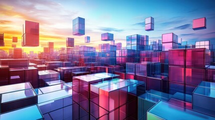 Sunset over a City of Cubes: A Digital Metropolis at Dusk