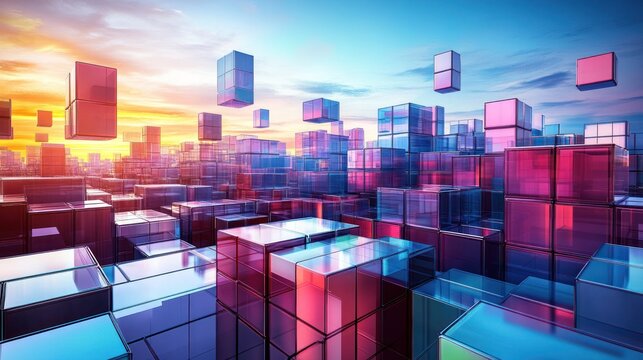 Fototapeta Sunset over a City of Cubes: A Digital Metropolis at Dusk