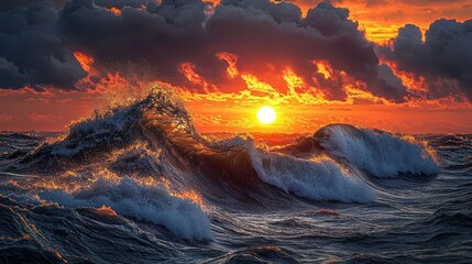 Ocean waves crashing at sunset under dramatic sky.