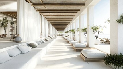 Obraz premium Serene Coastal Lounge: Minimalist Design Meets Tranquil Ocean Views