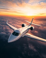 Fototapeta premium Business Jet Flying Above Clouds at Sunset