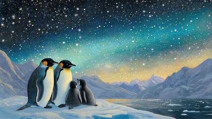 Emperor Penguins Family Gazing at Night Sky
