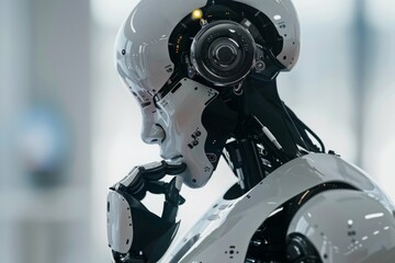 Fototapeta premium A robot with a white body and black head is looking at the camera