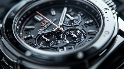 An up-close view of a high-end, silver and black timepiece with a metal band that displays the complex design and chronograph function. Artificial Intelligence -