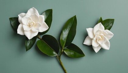 White gardenia on a muted green table flat lay
