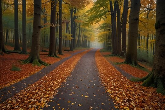 A serene autume forest path with fallen 